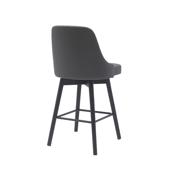 26" Gray And Black Faux Leather And Fabric And Solid Wood Counter Height Swivel Bar Chair