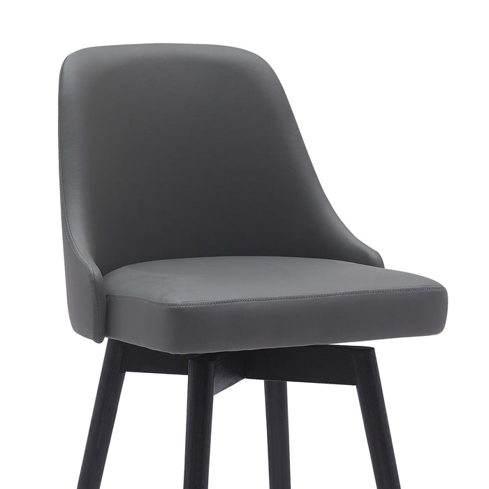26" Gray And Black Faux Leather And Fabric And Solid Wood Counter Height Swivel Bar Chair
