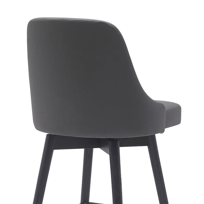 26" Gray And Black Faux Leather And Fabric And Solid Wood Counter Height Swivel Bar Chair
