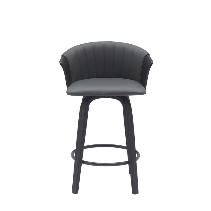 26" Gray And Black Faux Leather And Fabric And Wood Counter Height Swivel Bar Chair