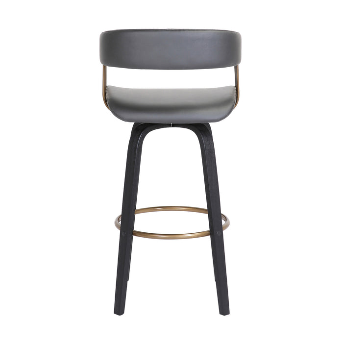 26" Gray And Black Faux Leather And Fabric And Wood Counter Height Swivel Bar Chair
