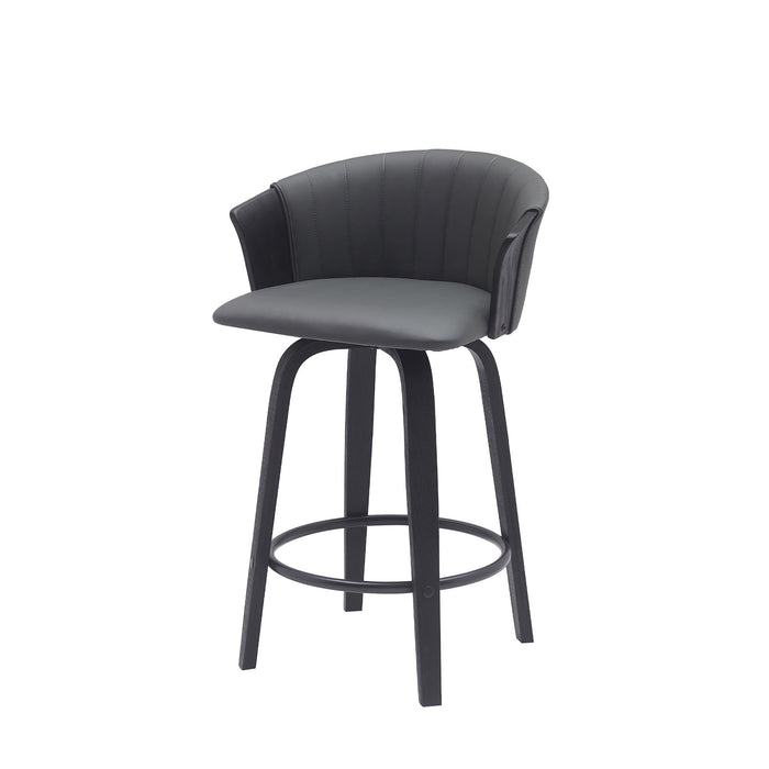 26" Gray And Black Faux Leather And Fabric And Wood Counter Height Swivel Bar Chair