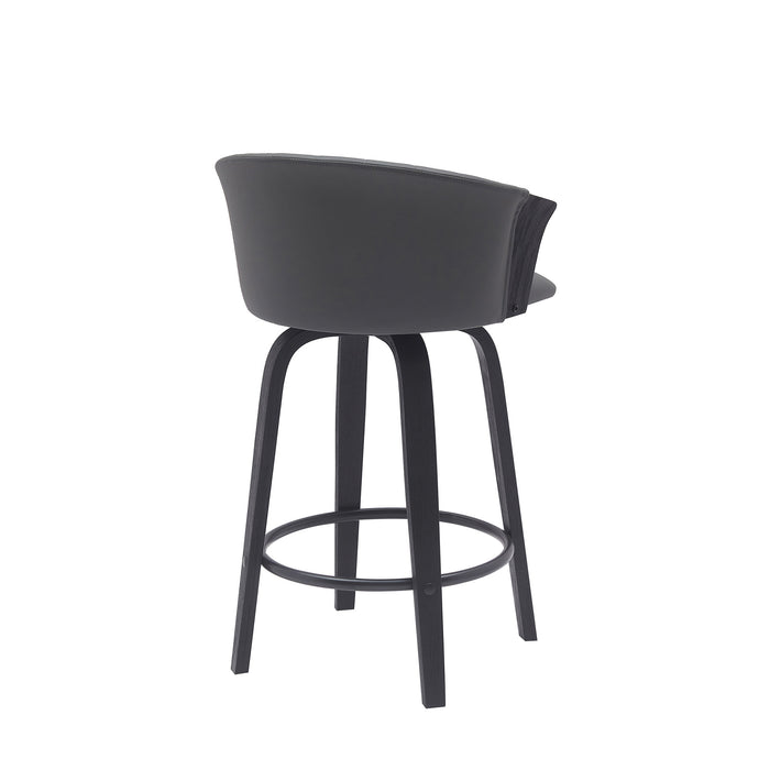 26" Gray And Black Faux Leather And Fabric And Wood Counter Height Swivel Bar Chair