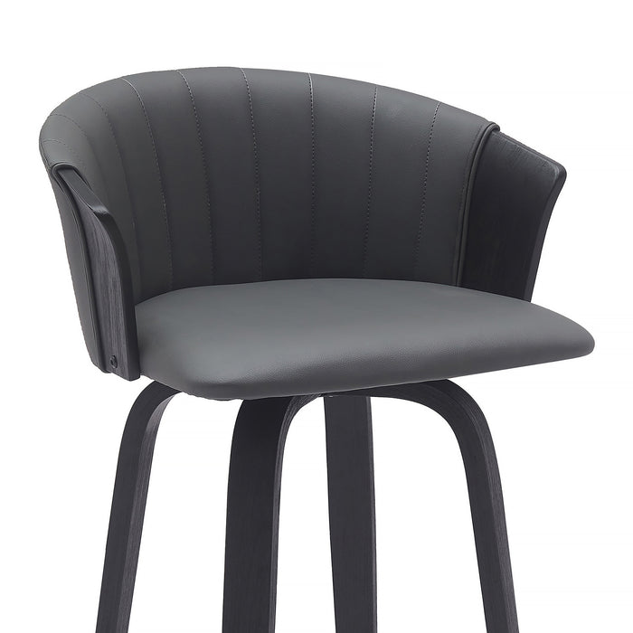 26" Gray And Black Faux Leather And Fabric And Wood Counter Height Swivel Bar Chair