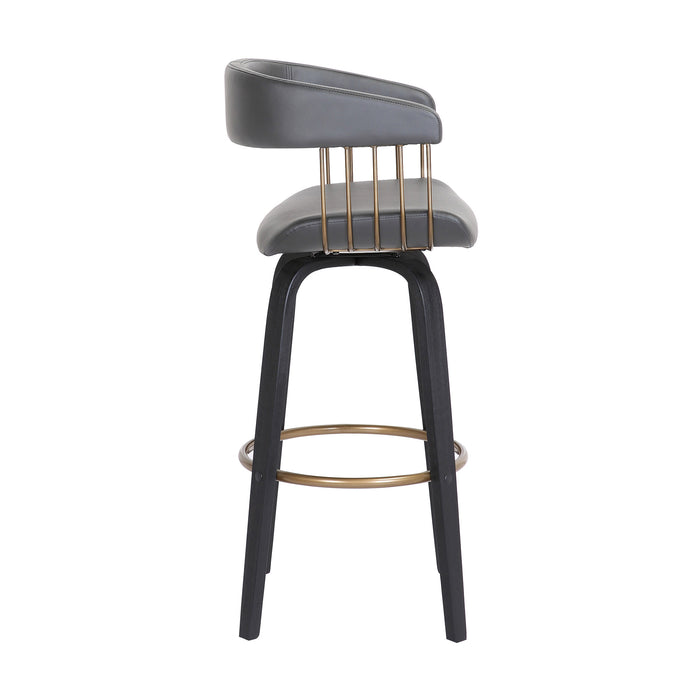 26" Gray And Black Faux Leather And Fabric And Wood Counter Height Swivel Bar Chair
