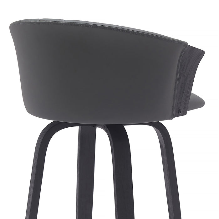 26" Gray And Black Faux Leather And Fabric And Wood Counter Height Swivel Bar Chair