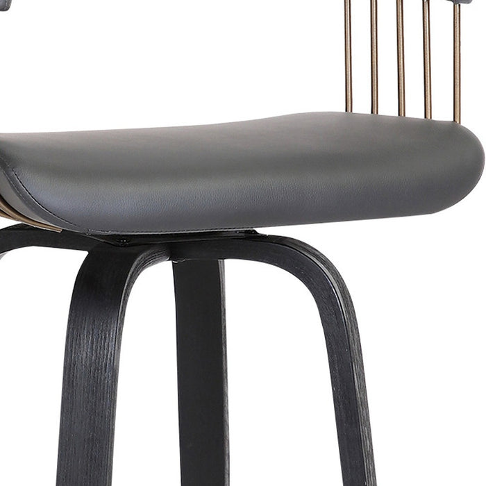 26" Gray And Black Faux Leather And Fabric And Wood Counter Height Swivel Bar Chair