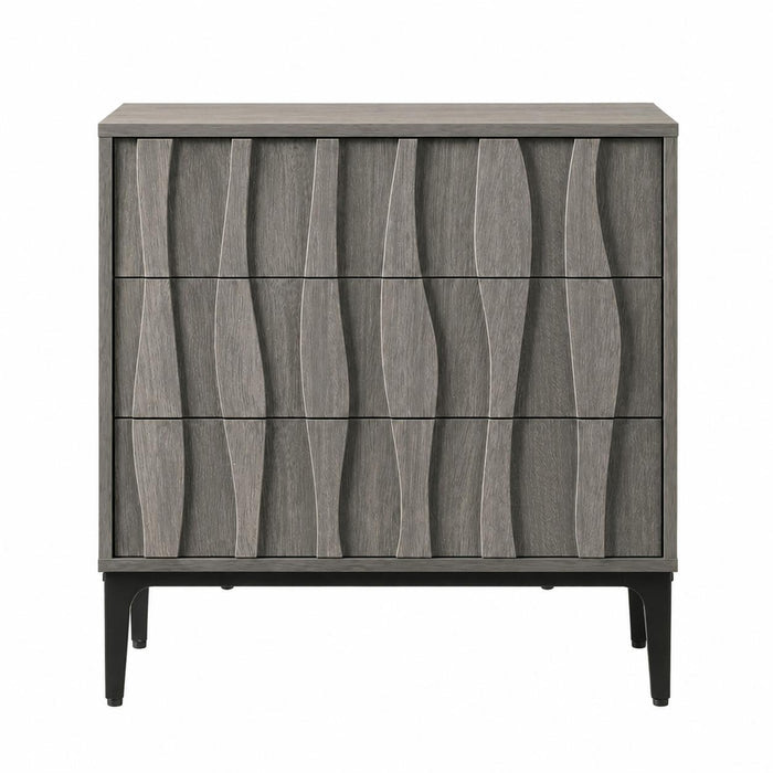 26" Gray Wood Carved Abstract Three Drawer Nightstand