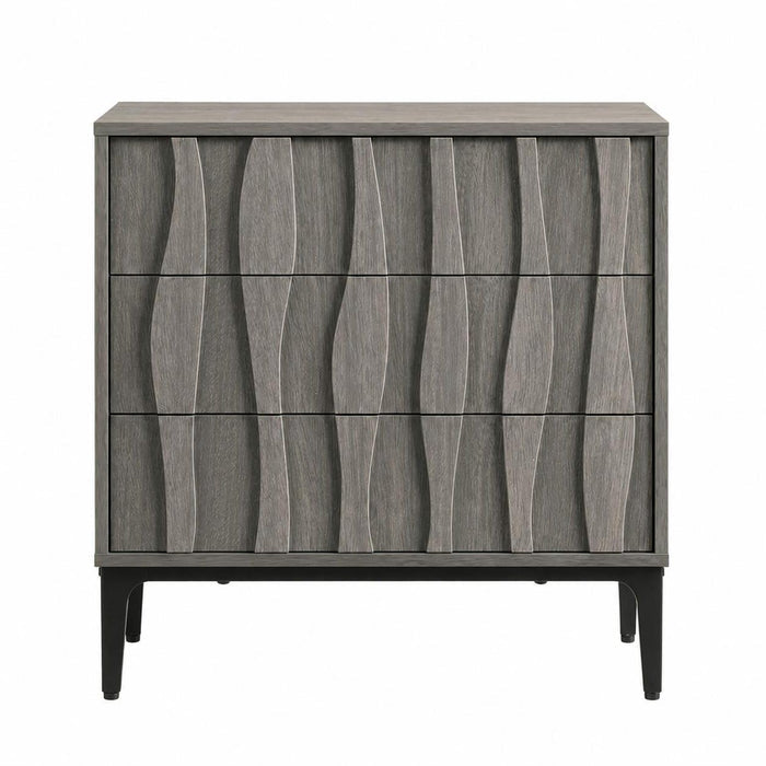 26" Gray Wood Carved Abstract Three Drawer Nightstand