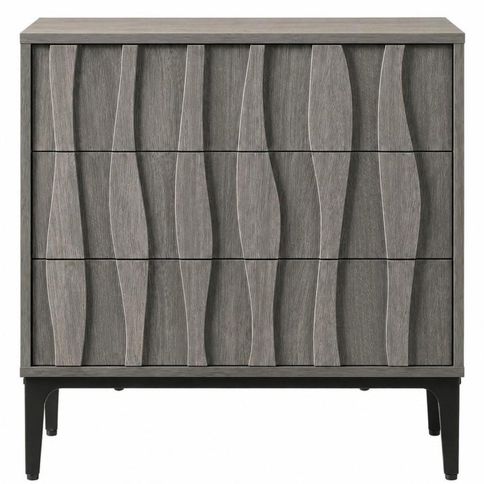 26" Gray Wood Carved Abstract Three Drawer Nightstand