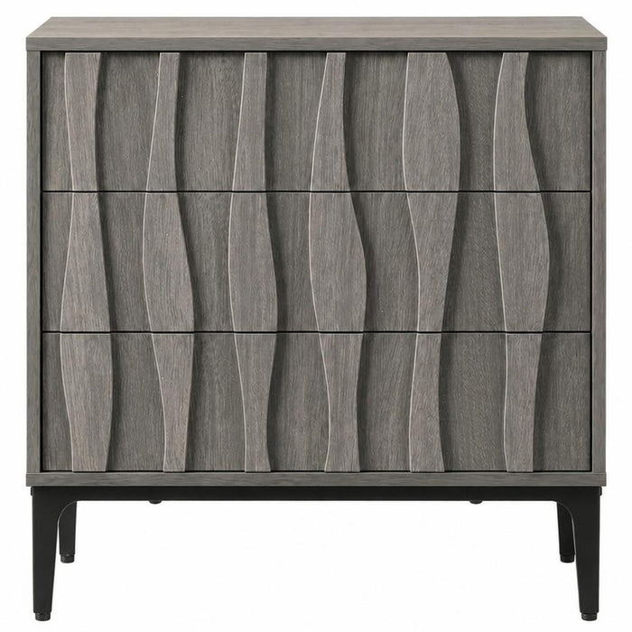 26" Gray Wood Carved Abstract Three Drawer Nightstand