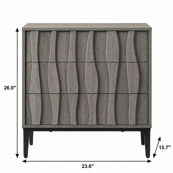 26" Gray Wood Carved Abstract Three Drawer Nightstand