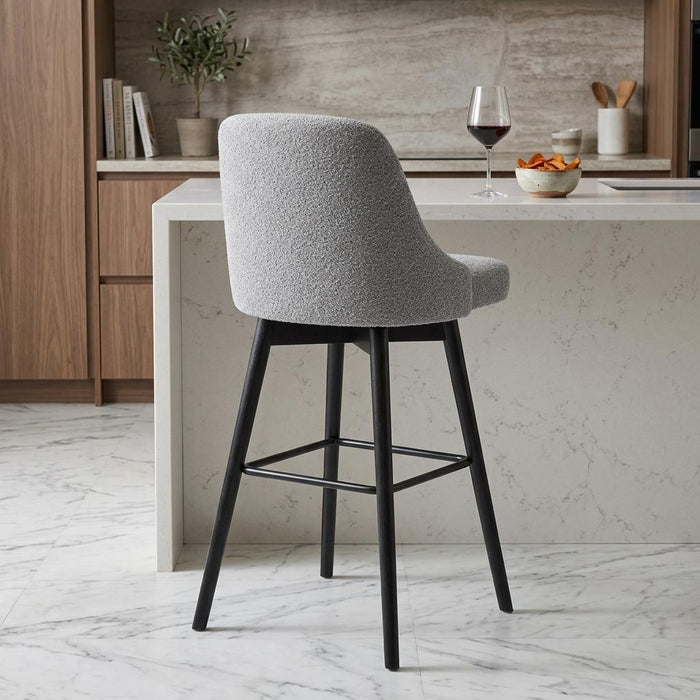 26" Light Gray And Black Fabric And Solid Wood Counter Height Swivel Bar Chair