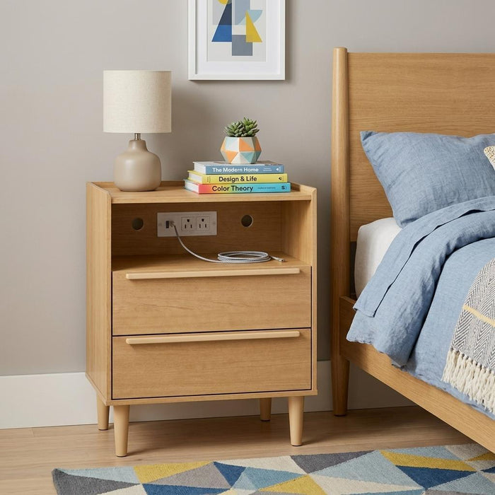 26" Oak Wood Two Drawer Nightstand with USB Port and Integrated Tech