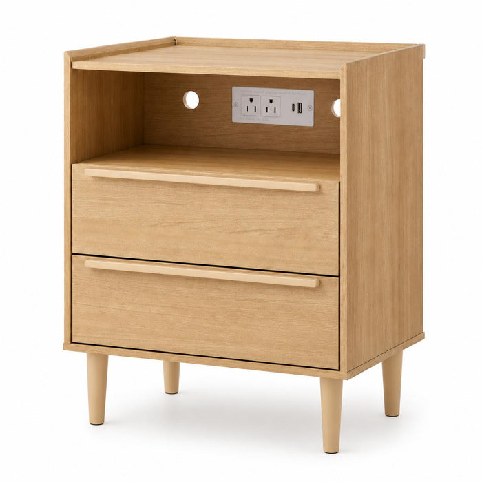 26" Oak Wood Two Drawer Nightstand with USB Port and Integrated Tech