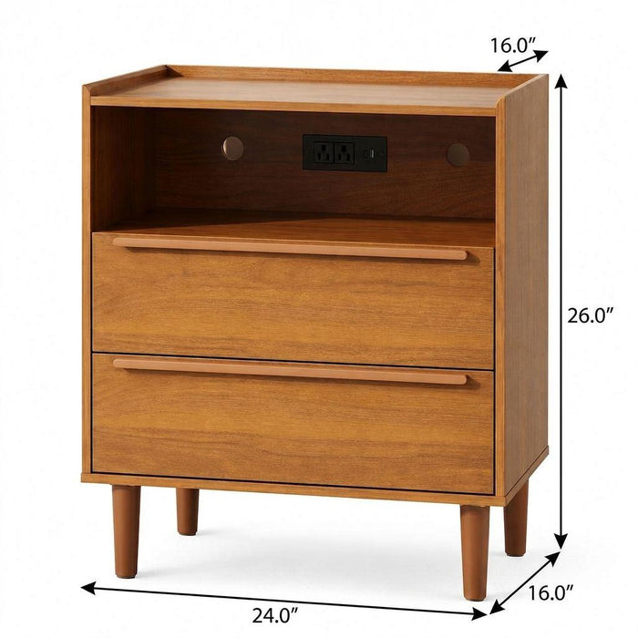 26" Walnut Wood Two Drawer Nightstand with USB Port and Integrated Tech