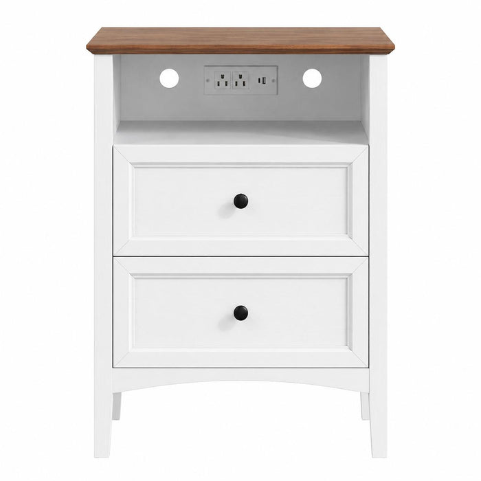 26" White Wood Two Drawer Nightstand with USB Port and Integrated Tech