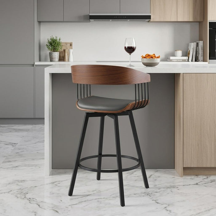 27" Gray And Black Faux Leather And Fabric And Metal Counter Height Swivel Bar Chair