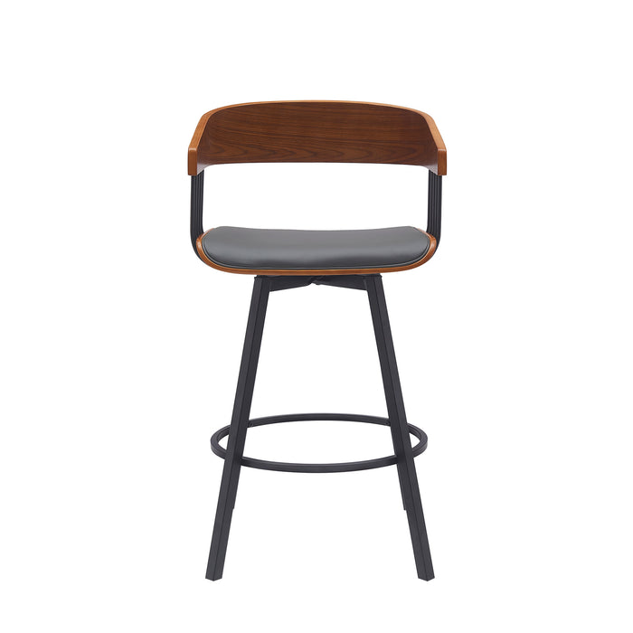 27" Gray And Black Faux Leather And Fabric And Metal Counter Height Swivel Bar Chair