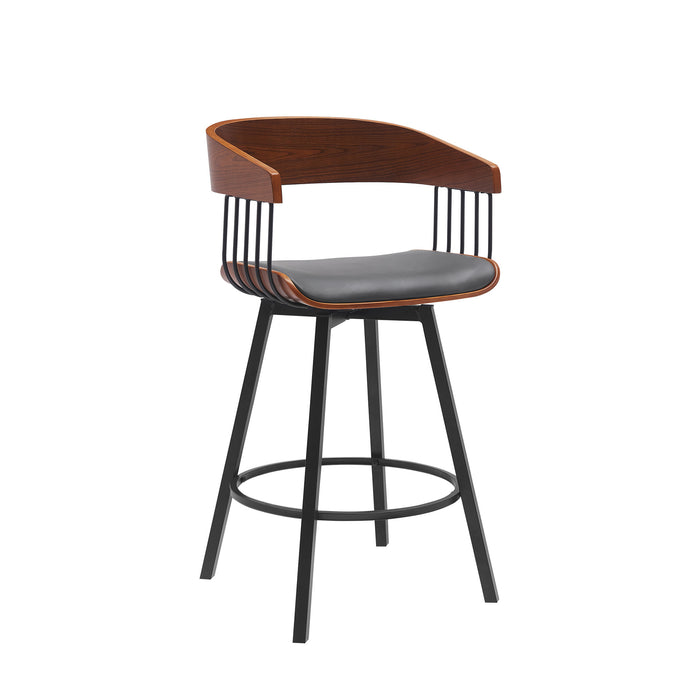 27" Gray And Black Faux Leather And Fabric And Metal Counter Height Swivel Bar Chair