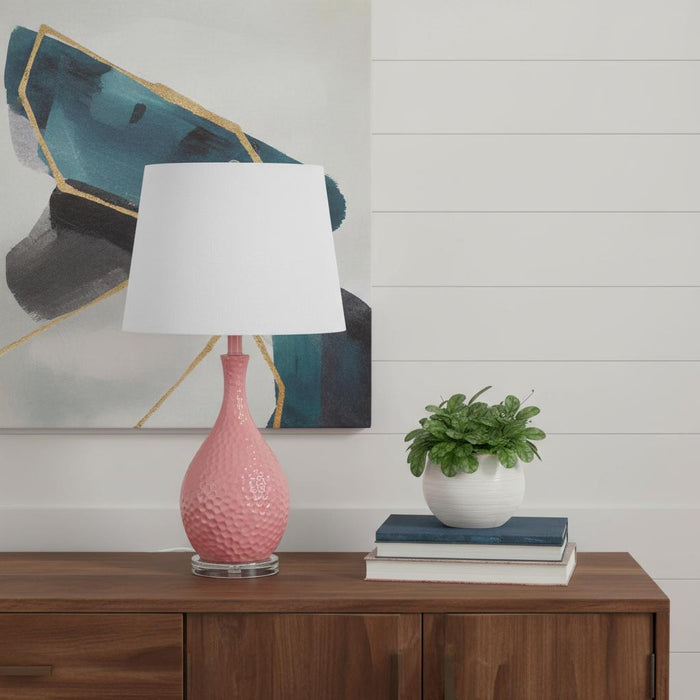 28" Pink Hammered Urn Table Lamp With White Tapered Drum Shade