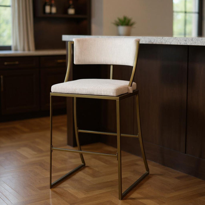 30" Beige And Antiqued Brass Fabric And Steel Low Back Bar Height Bar Chair