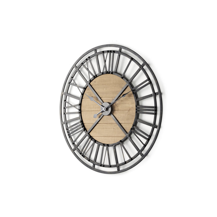 30" Black And Natural Iron And Wood Analog Round Wall Clock