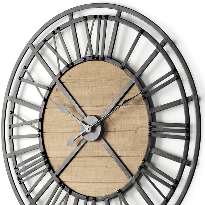 30" Black And Natural Iron And Wood Analog Round Wall Clock