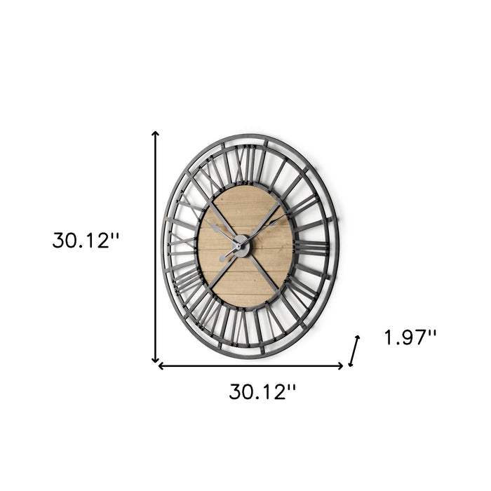30" Black And Natural Iron And Wood Analog Round Wall Clock