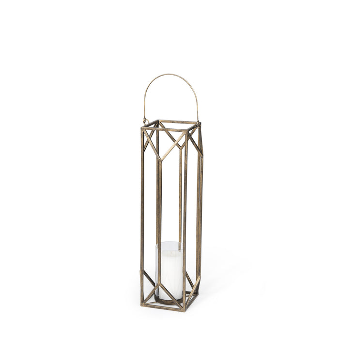 30" Gold Distressed Geometric Metal Tabletop Lantern Candle Holder