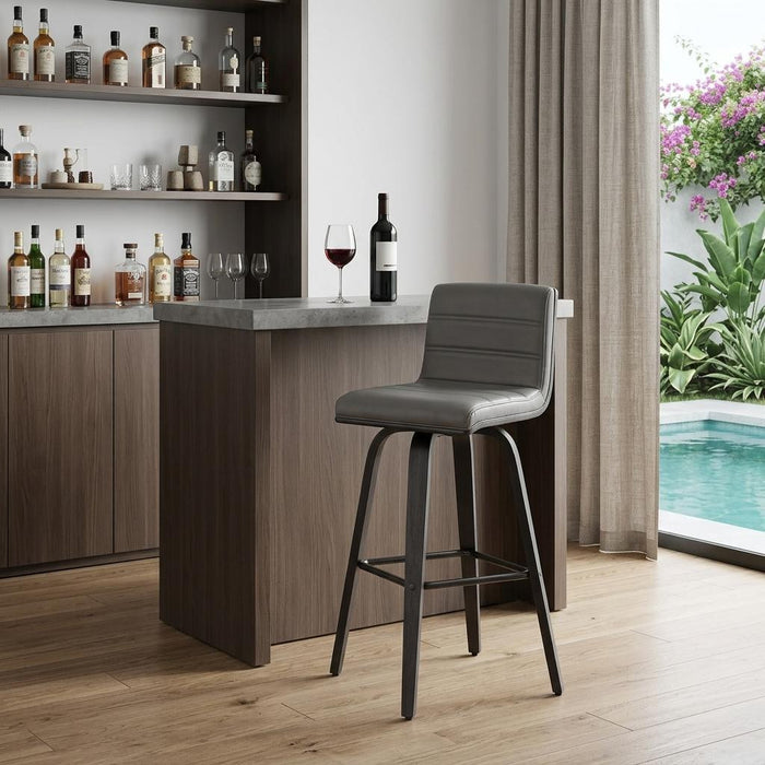 30" Gray And Black Fabric And Iron Low Back Bar Height Swivel Bar Chair