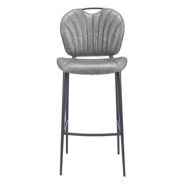 30" Gray And Black Faux Leather And Fabric And Steel Low Back Bar Height Bar Chair