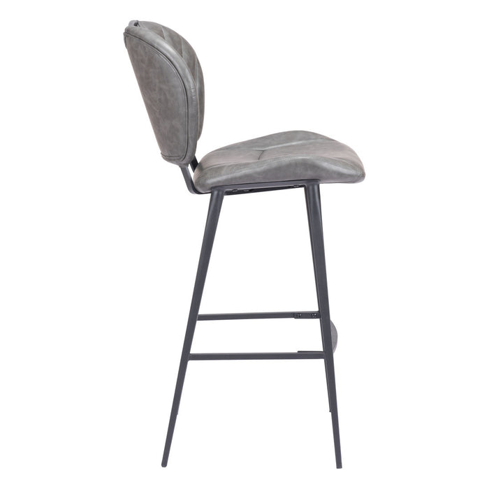 30" Gray And Black Faux Leather And Fabric And Steel Low Back Bar Height Bar Chair