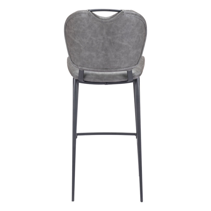 30" Gray And Black Faux Leather And Fabric And Steel Low Back Bar Height Bar Chair