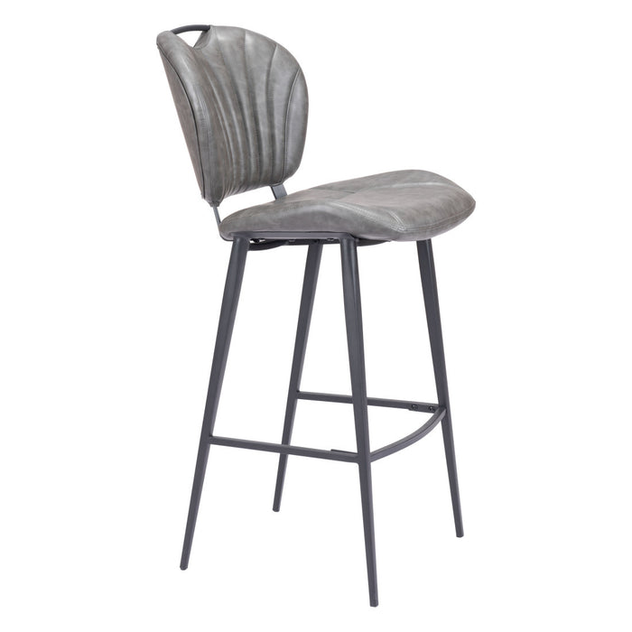 30" Gray And Black Faux Leather And Fabric And Steel Low Back Bar Height Bar Chair