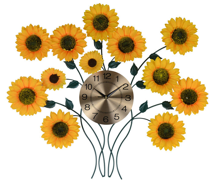 31" Yellow Green And Gold Metal Silent Analog Sunflower Floral Wall Clock