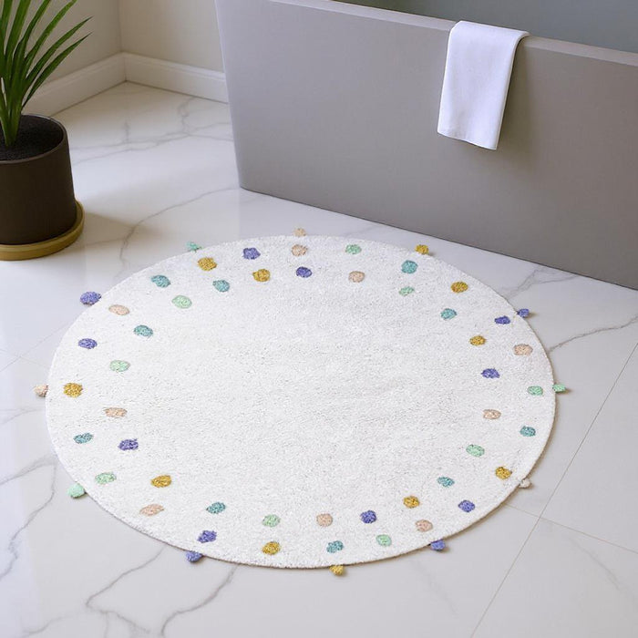 32" Green Purple And White Cotton Round Polka Dots Bath Rug