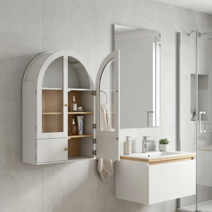 34" White Wood Wall Mounted Glass Panel Inlay Four Door Bathroom Cabinet