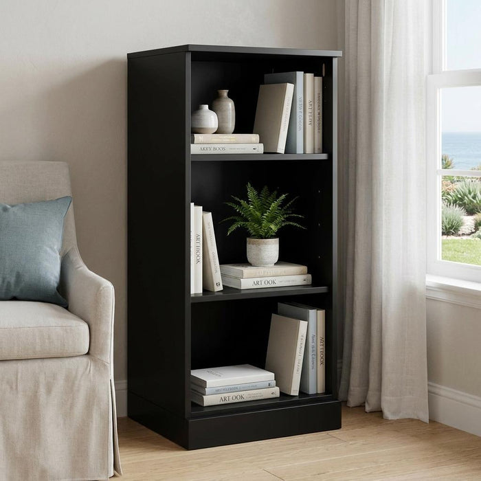 36" Black Solid Wood Adjustable Three Tier Library Bookcase