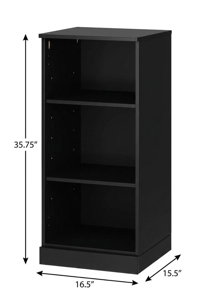 36" Black Solid Wood Adjustable Three Tier Library Bookcase