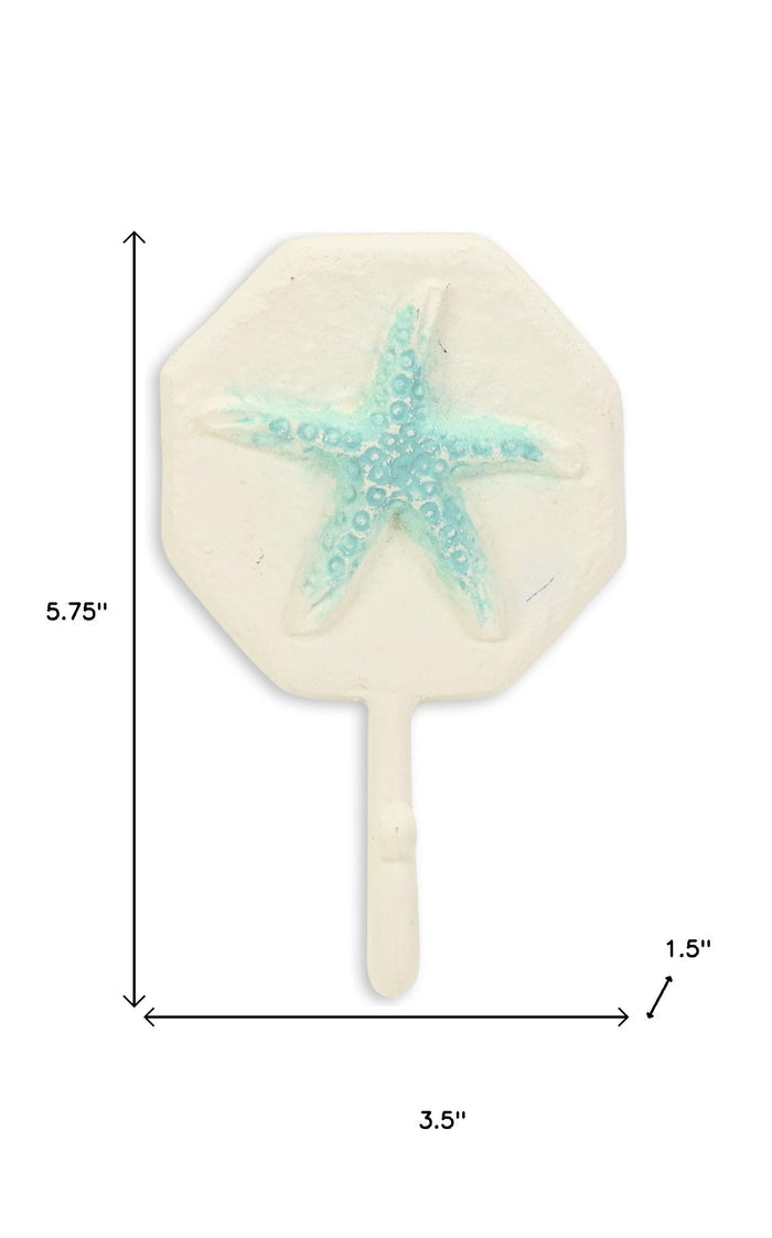 4" Aqua And Cream Cast Iron Starfish Wall Hook