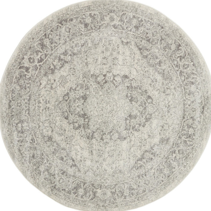 5' Ivory And Gray Floral Medallion Distressed Round Rug