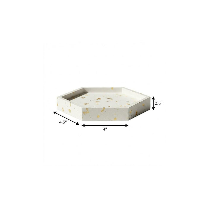 5" White And Gold Resin Handmade Hexagon Trinket Tray