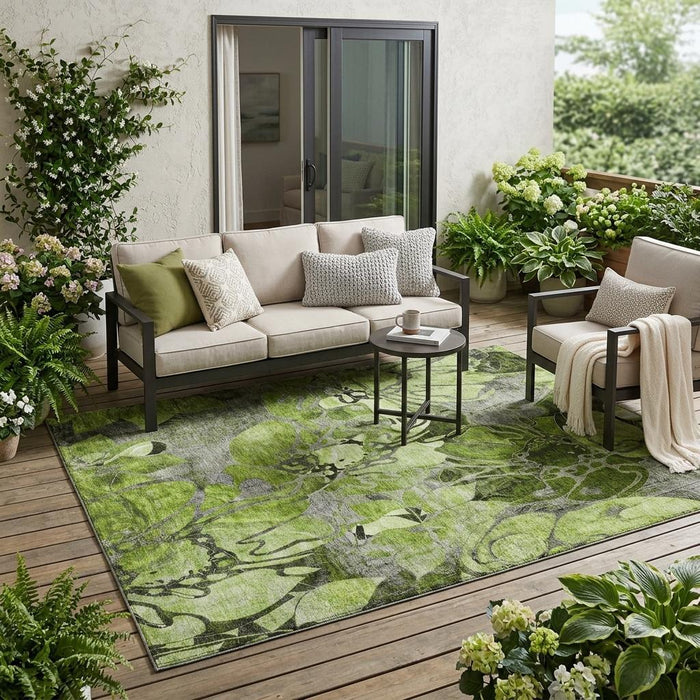 5' X 8' Fern Green and Gray Abstract Washable Indoor Outdoor Area Rug