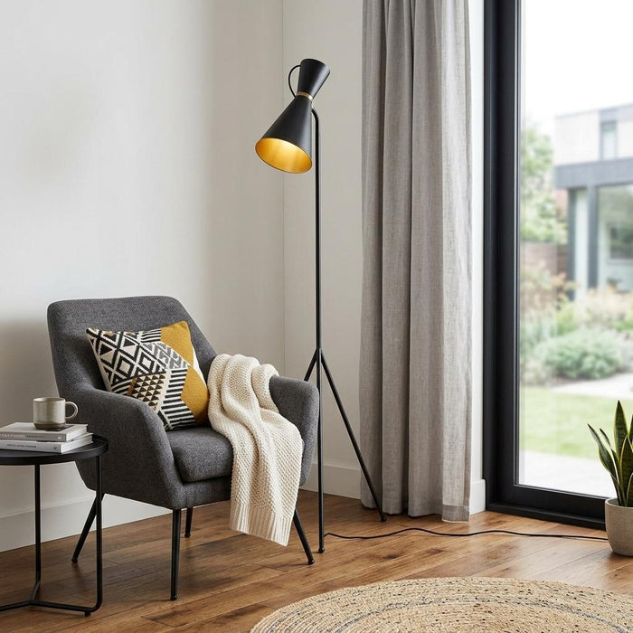58" Black Metal Tripod Floor Lamp With Black And Gold Metal Cone Shade