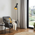 58" Black Metal Tripod Floor Lamp With Black And Gold Metal Cone Shade