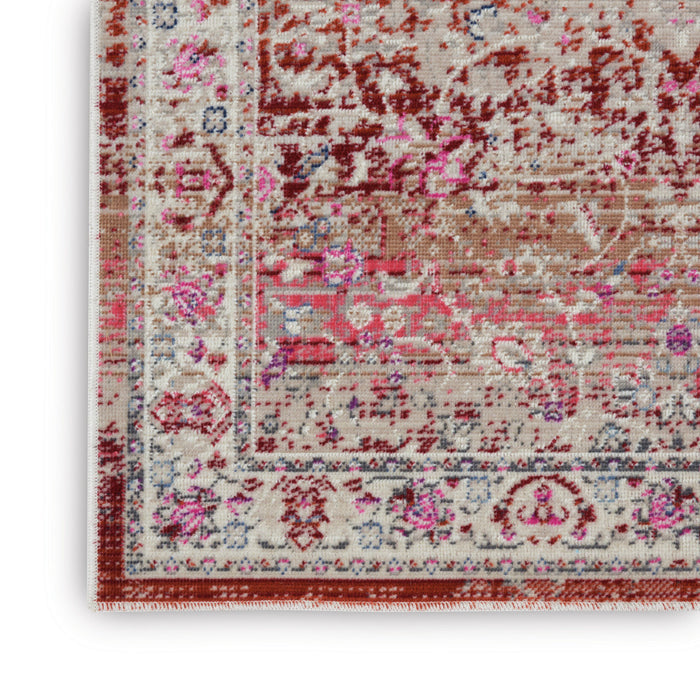 6' Ivory And Red Floral Distressed Runner Rug