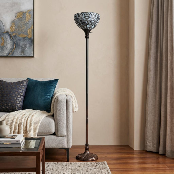 62" Brown And White Torchiere Floor Lamp With White Peacock Feather Glass Dome Shade