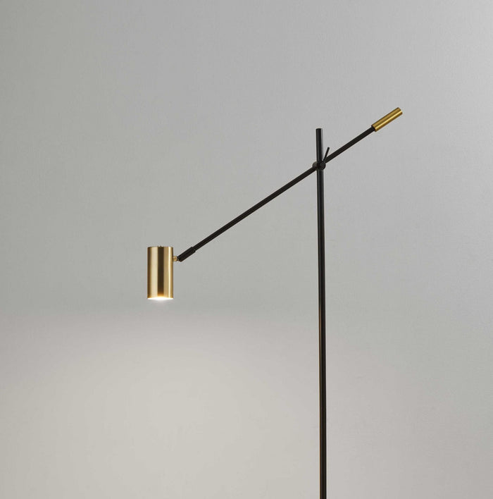 63" Black And Gold Adjustable LED Task Floor Lamp With Antiqued Brass Metal Cylinder Shade