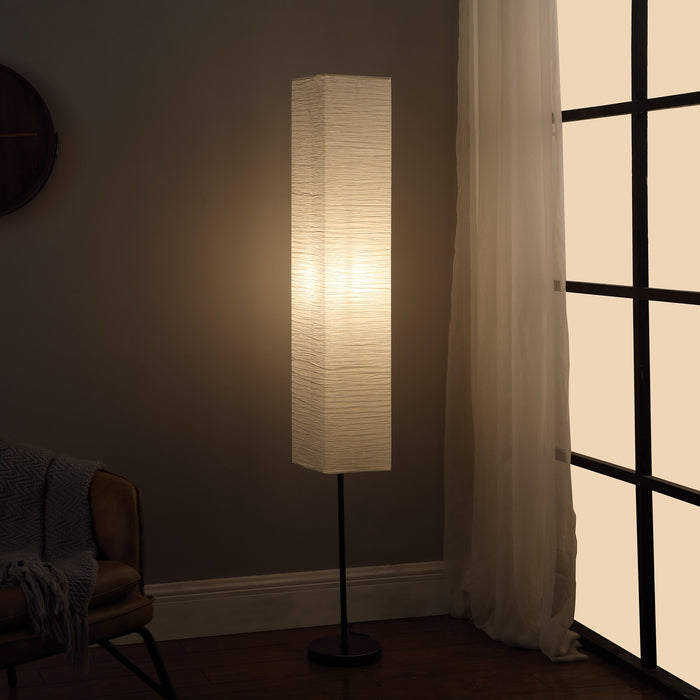 63" Black And Off White Column Floor Lamp With Off White Paper Rectangular Shade